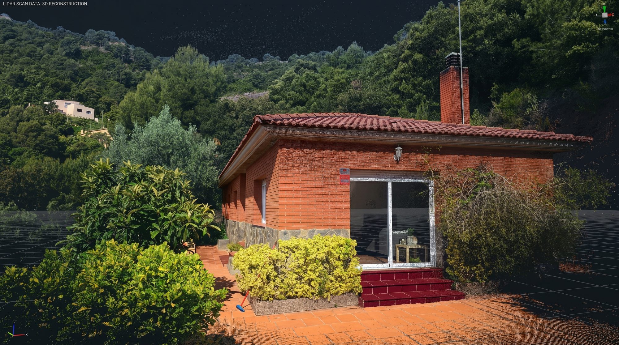 Capa inferior: nube de puntos LiDAR a color de la misma vivienda — captura láser 3D