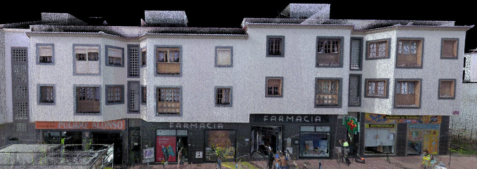 Nube de puntos a color de una fachada comercial canaria con rótulo "FARMACIA"