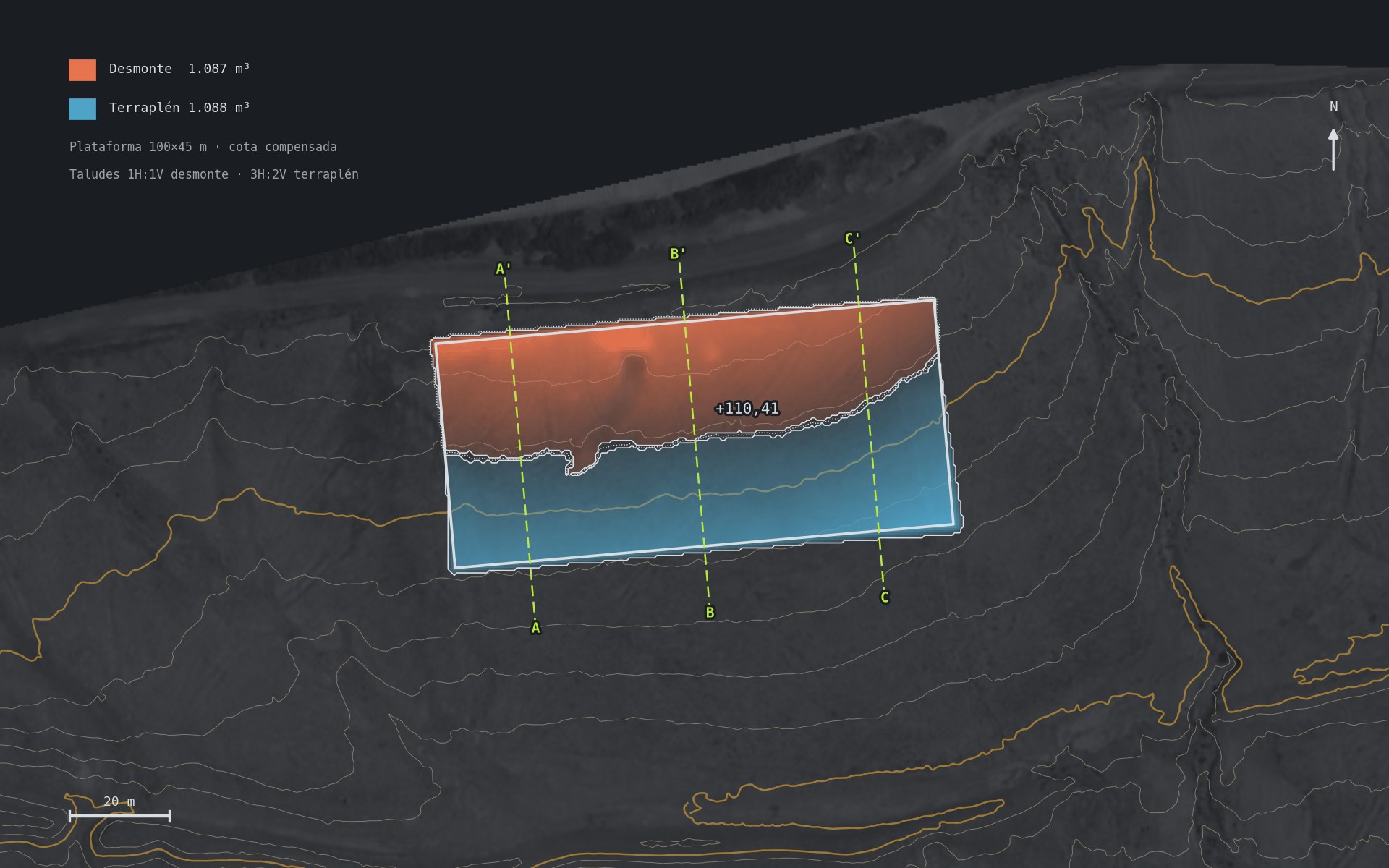 Platform study showing cut and fill areas with computed volumes