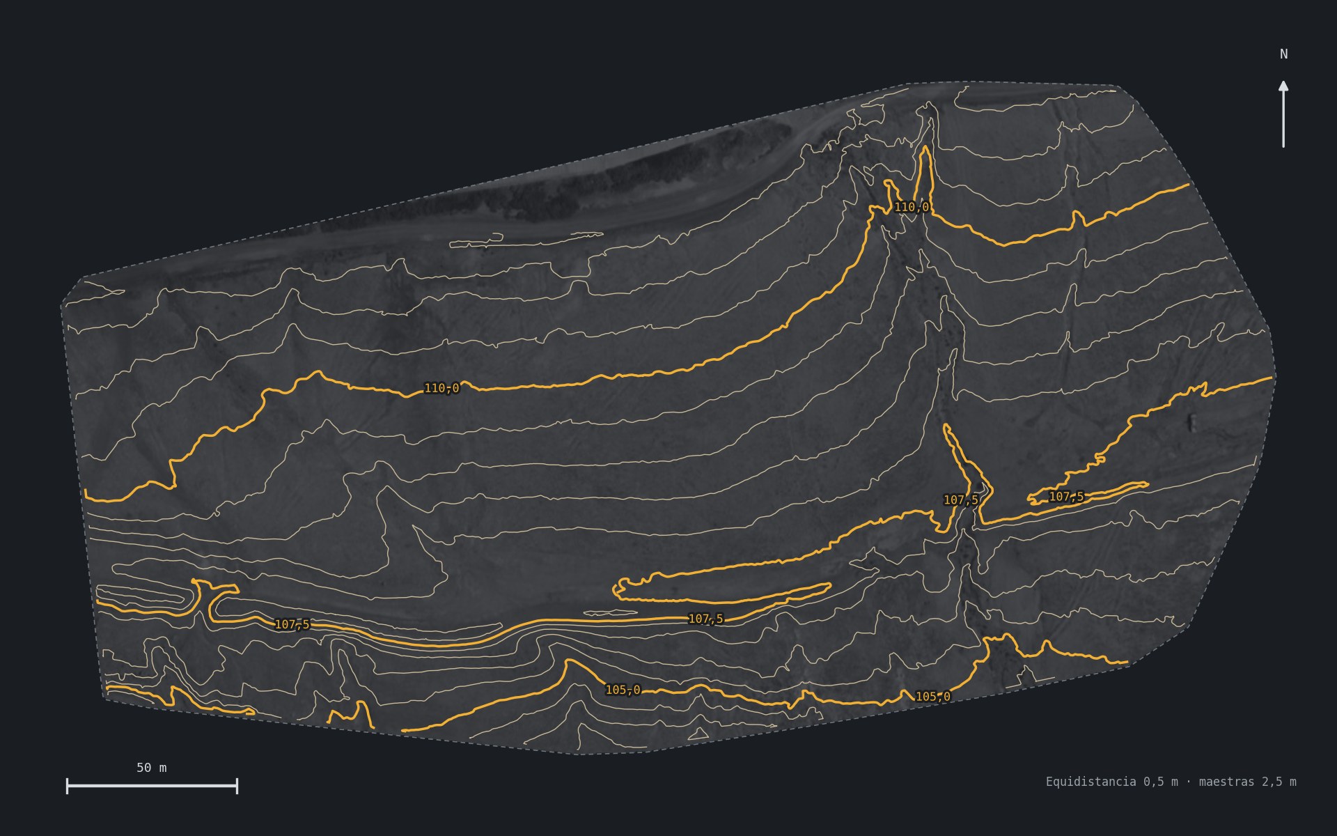 Digital terrain model with 0.5 m contour lines