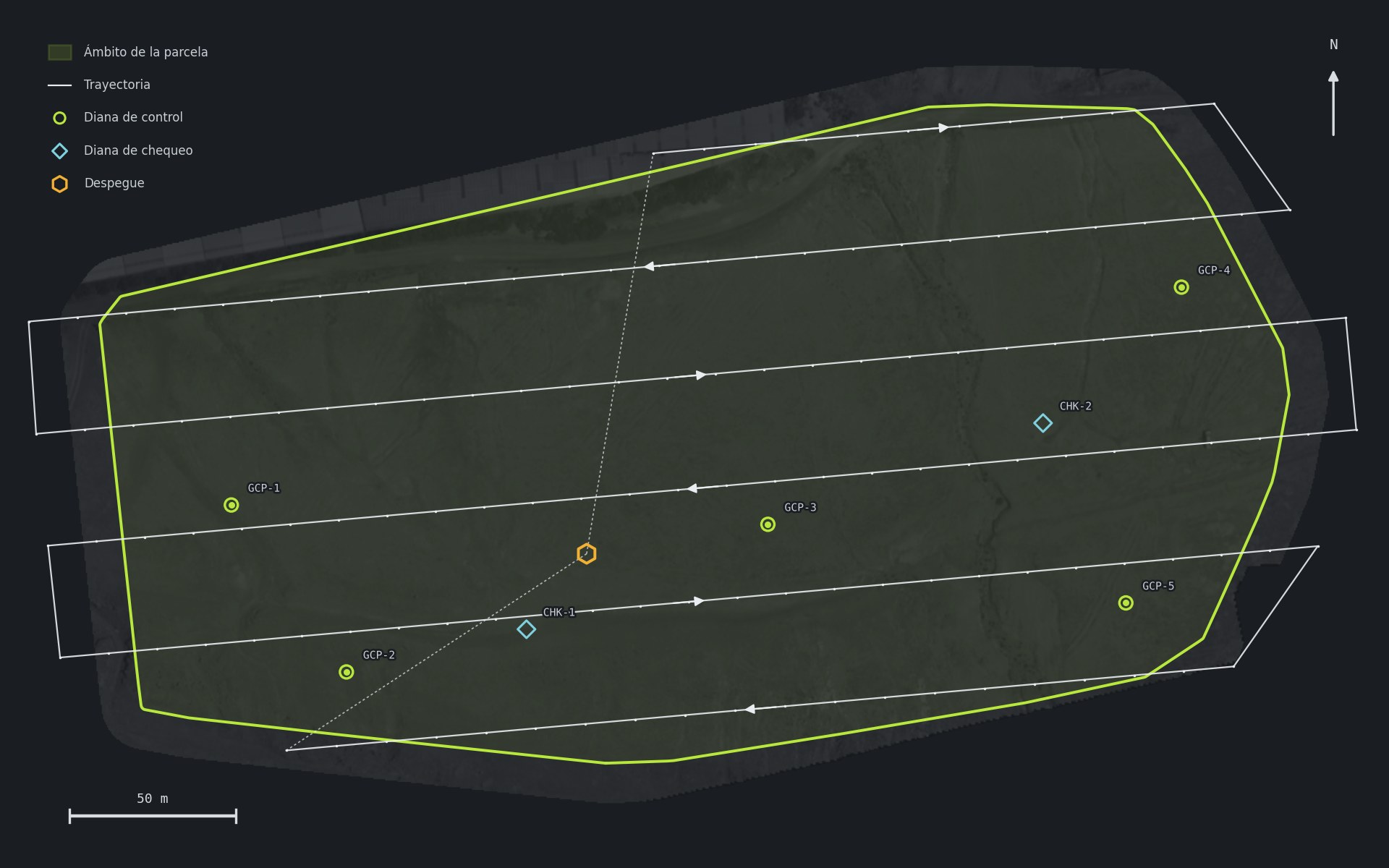 Drone flight plan over a plot: flight lines, photo footprint and ground control targets